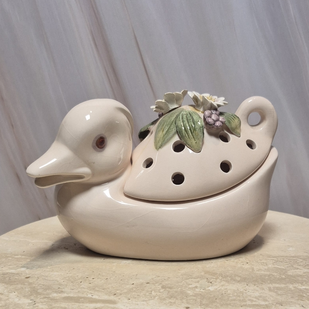 Fitz And Floyd Decorative Cream Duck Figurine with Floral Accents